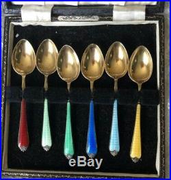 1970s Guilloche Spoons Enamel Silver Set 6 Coffee Spoon Vintage Demitasse Boxed