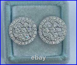 2.00Ct Round Cut Real Moissanite Cluster Earrings 14K White Gold Silver Plated