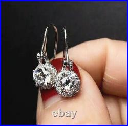 2.10Ct Round Real Moissanite Drop/Dangle Earrings 14K White Gold Plated Silver