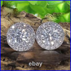 2.80Ct Round Cut Real Moissanite Halo Stud Earrings 14K White Gold Silver Plated