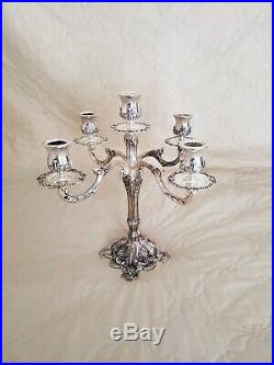 2 Vintage Large Baroque Silver Plated 5 Light Candelabra