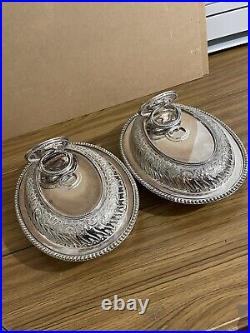 2 X Antique Silver Plated Serving Dishes With Lids 3 Part Heavy Great Quality