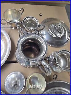 20 lb LOT- Mixed Vintage Silver Plate Tea parts dishes server trays