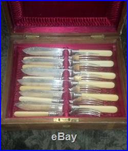24 Vintage Silver Plate knife & fork sets Bakelite & Mother Pearl in Walnut Wood