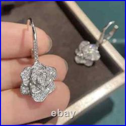 2Ct Round Cut Real Moissanite Flower Drop/Dangle Earrings 14K White Gold Plated