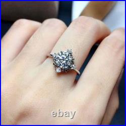 2Ct Round Cut Real Moissanite Vintage Flower Ring 14K White Gold Plated Silver