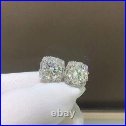 3.20Ct Round Cut Real Moissanite Halo Stud Earrings 14K White Gold Silver Plated