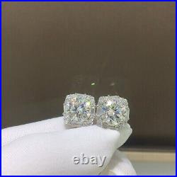 3.20Ct Round Cut Real Moissanite Halo Stud Earrings 14K White Gold Silver Plated