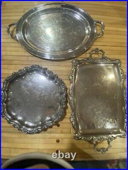 3 Vintage Silver Plated Serving Trays Ornate Handled One Footed Tray 2 Flat