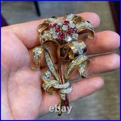 3Ct Round Cut Lab-Created Red Ruby Flower Vintage Brooch 14K Yellow Gold Plated