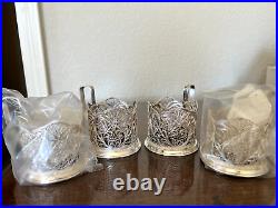 4 Vintage Filigree Silver Plate Hot Ice Coffee Tea Cup Holders with Glasses Russia