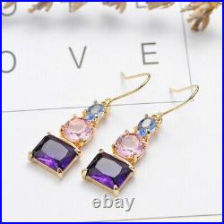 6Ct Emerald Cut Lab Created Amethyst Drop/Dangle Earrings 14K Yellow Gold Plated