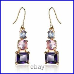 6Ct Emerald Cut Lab Created Amethyst Drop/Dangle Earrings 14K Yellow Gold Plated