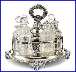 8pc. Continental Silverplate & Crystal Condiment Caddy, 19th Century
