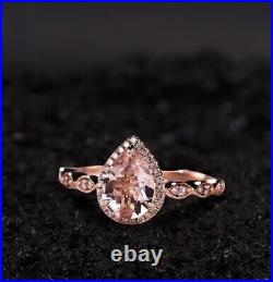 925 Silver Pear-Cut Morganite Engagement Ring, Rose Gold Plated, Art Deco Ring