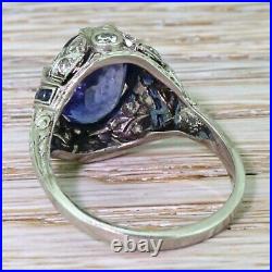 925 Silver White Gold Plated Art Deco Oval Simulated Blue Sapphire Vintage Ring