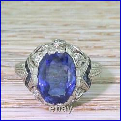 925 Silver White Gold Plated Art Deco Oval Simulated Blue Sapphire Vintage Ring