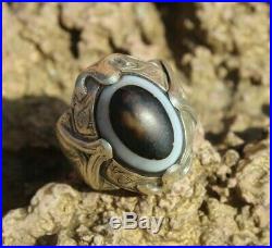 Afghan Old Vintage Tibet Dzi Eye Bead Antique Silver Gold Plated Ring Size 11 US