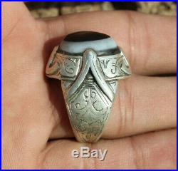 Afghan Old Vintage Tibet Dzi Eye Bead Antique Silver Gold Plated Ring Size 11 US