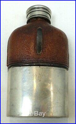 Antique 1880s English Vintage Silver-Plated Leather Hip Flask + Cup Base