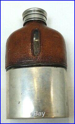 Antique 1880s English Vintage Silver-Plated Leather Hip Flask + Cup Base