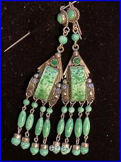 Antique Art Deco Neiger Peking Glass and Marcasite Silver plate earrings