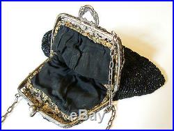 Antique Art Nouveau Black Beaded Purse Evening Bag w Silverplate Frame w Woman