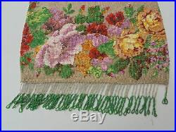 Antique Beaded Purse Extra Long Micro Beads Silverplate Frame 15 1/2 Roses
