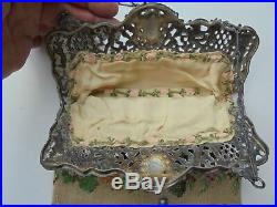 Antique Beaded Purse Extra Long Micro Beads Silverplate Frame 15 1/2 Roses