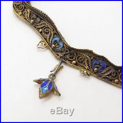 Antique China 925 Silver Gold Plated Enamel Pendant Chain Necklace 27