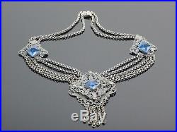 Antique Edwardian c1910 Filigree Festoon Necklace Silver Plate Blue Glass, 63.3g