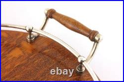 Antique English Oak & Silver Plate Gallery Tray. Large Wood Drinks Serving Tray