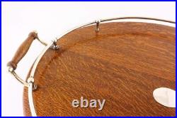 Antique English Oak & Silver Plate Gallery Tray. Large Wood Drinks Serving Tray