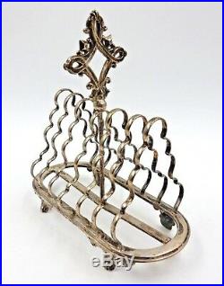 Antique English Silver Plated Footed Toast Rack Caddy Six Slots And Handle