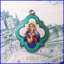 Antique French Enamel Virgin Mary Sterling Silver Gold Plated Charm Pendant
