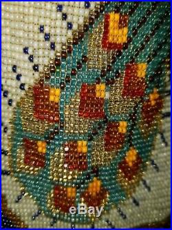 Antique Long Beaded Purse With Silver Plated Chain And Closure Peacock and Stag