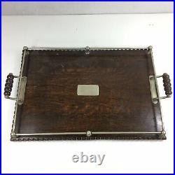 Antique Oak & Silver Plate Galleried Tray 51cm X 35.5cm X 7.5cm