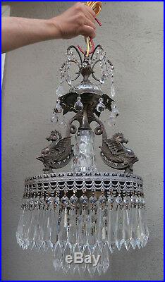 Antique Seahorse Hippocampus Chandelier Lamp brass Silverplate Vintage Glass old