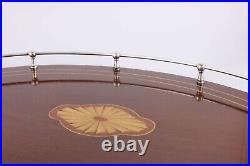 Antique Silver Plate & Wood Gallery Tray. Oval Shell Inlay Cocktail Tray c1900