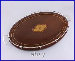 Antique Silver Plate & Wood Gallery Tray. Oval Shell Inlay Cocktail Tray c1900
