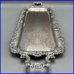 Antique Silver Plated Long Decanter Drinks Serving Tray Handles Large Narrow