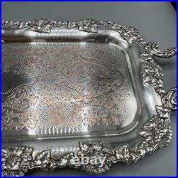 Antique Silver Plated Long Decanter Drinks Serving Tray Handles Large Narrow