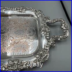 Antique Silver Plated Long Decanter Drinks Serving Tray Handles Large Narrow