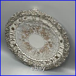 Antique Silver Plated Ornate Round Footed Tray Victorian Decanter Drinks Salver