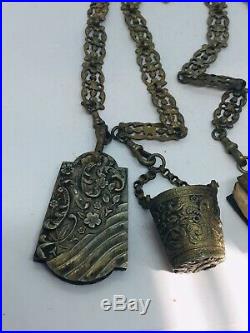 Antique Victorian Karanti Silver Plated Gargoyle Cherubs Griffins Chatelaine