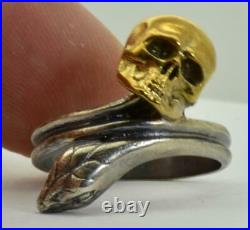Antique Victorian Memento Mori Skull&Snake gold plated sterling silver ring