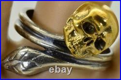Antique Victorian Memento Mori Skull&Snake gold plated sterling silver ring