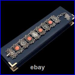 Antique Vintage Art Deco Sterling Silver Plated Hamsa Coral Chain Bracelet 26.1g