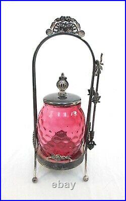 Antique Vintage Cranberry Glass Pickler Jar by Acme Silver Plate Co. Of Boston