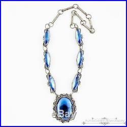 Antique Vintage Deco Sterling Silver Plated Taxco Mexican Cobalt Glass Necklace